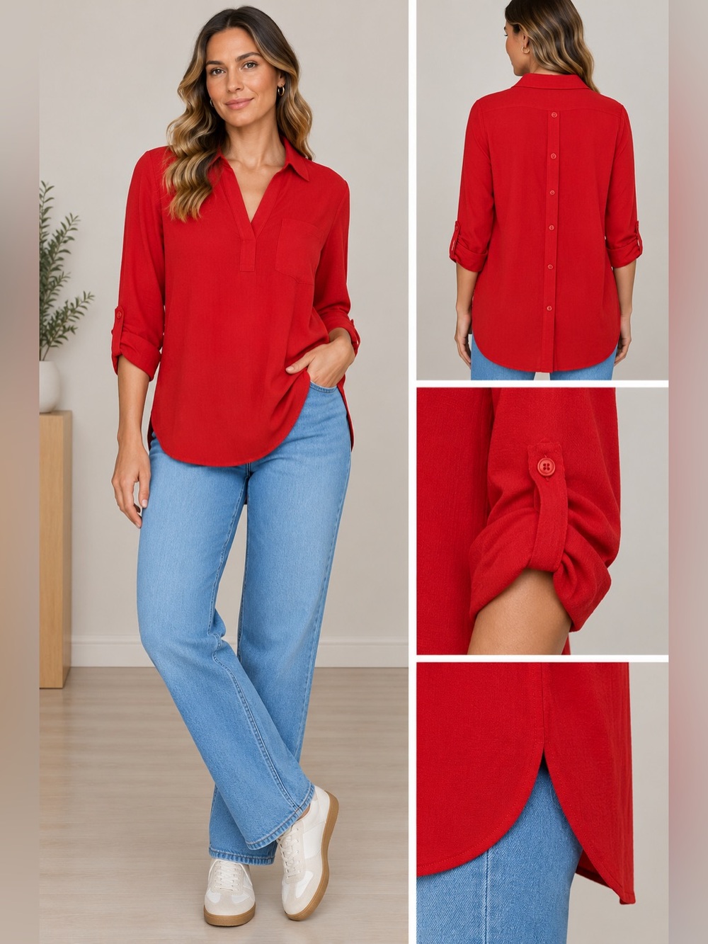 Chicos Classic Blouse Sheer Red Long Sleeve collared Back Button Detail Medium